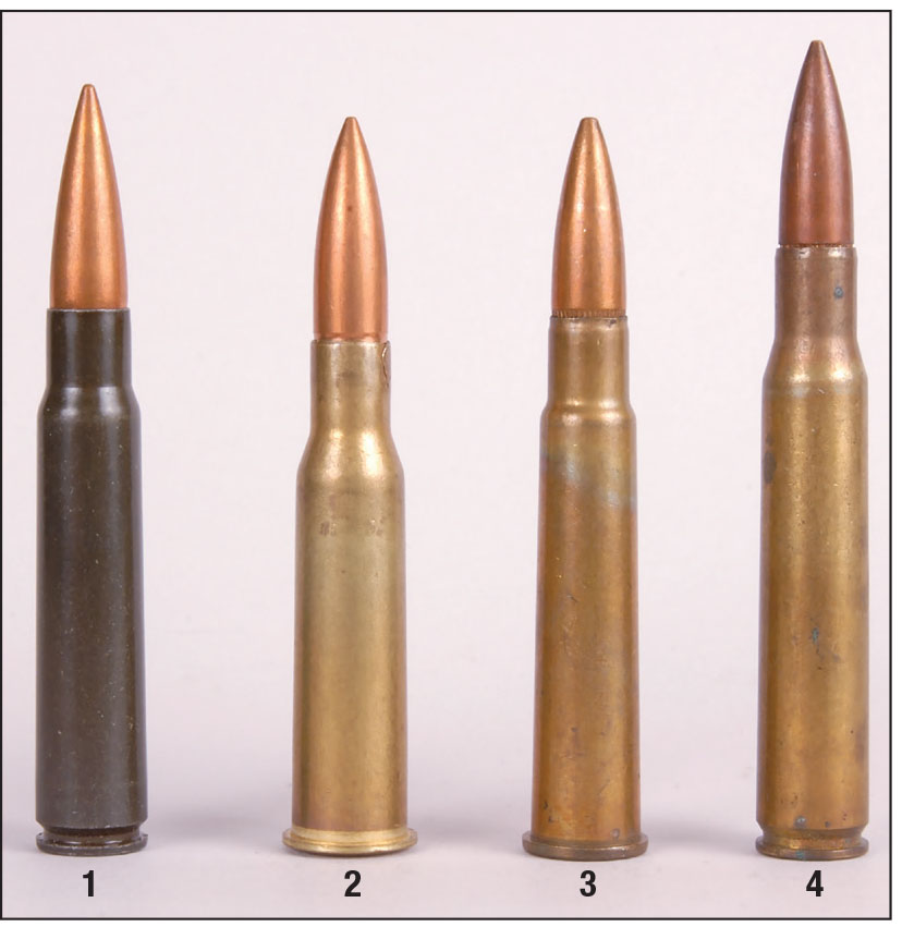 World War II military cartridges are shown for comparison: (1) a German 7.92x57mm, (2) a Soviet Union 7.62x54mmR, (3) a British 303 and (4) a U.S. 30-06.